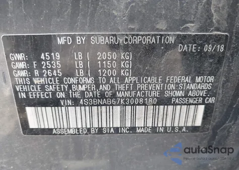 2019 Subaru Legacy 2.5I z USA, uszkodzony, nr VIN 4S3BNAB67K3008180